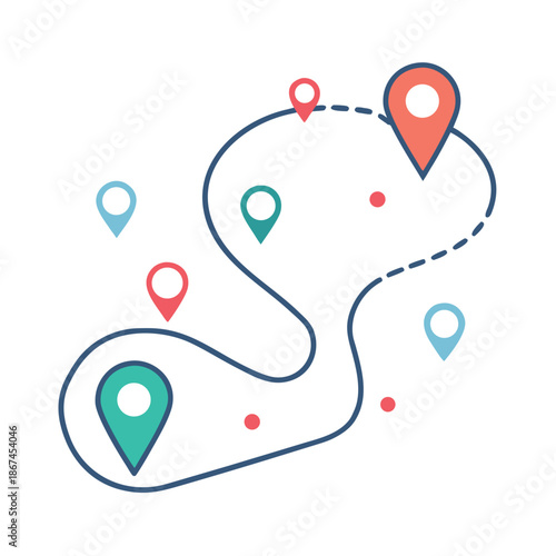 Minimal flat illustration of a travel route map with colorful location pins and a winding dashed path