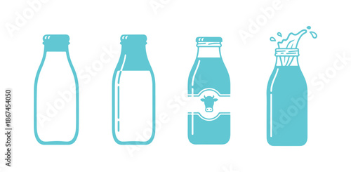 Vector icon of a milk bottle, featuring both empty and full dairy product glass packaging in an isolated outline art style, serving as a clipart element for beverage drinks.