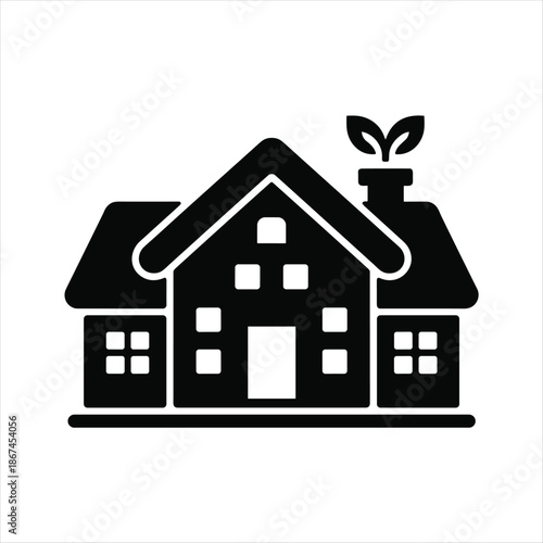 Eco Friendly Family House Silhouette Icon with Leaf on Roof Isolated on White Background