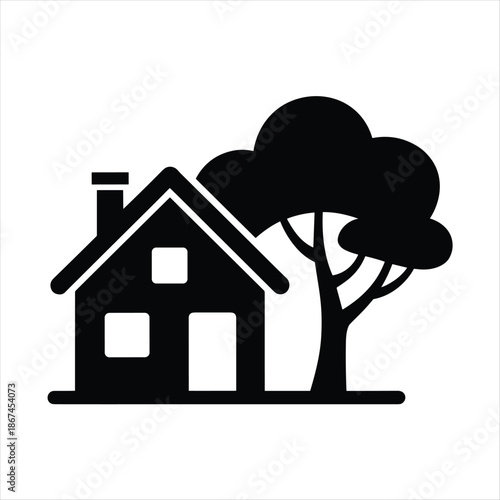 House with Tree Silhouette Icon Isolated on White Background