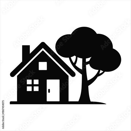 Minimal House with Tree Silhouette Icon on White Background