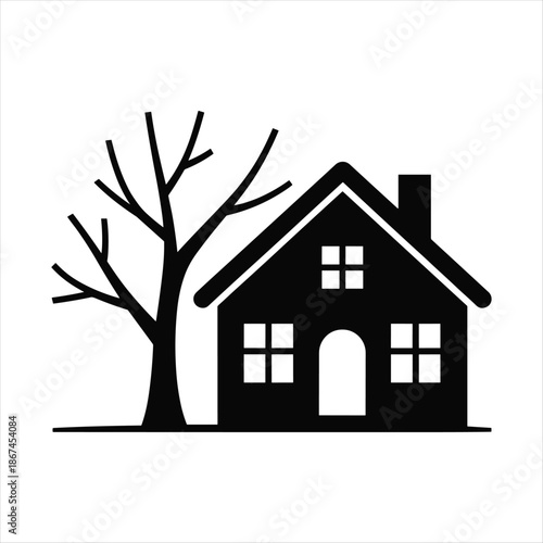 Minimal Black House Silhouette with Leafless Tree — Simple Home Icon on White Background