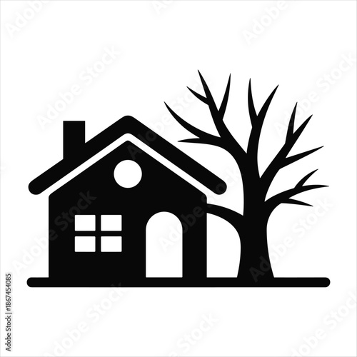 Minimal Black House and Bare Tree Silhouette — Simple Home Icon on White Background