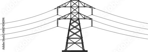 Silhouette of a high voltage electricity pylon with power lines on white background transmission tower