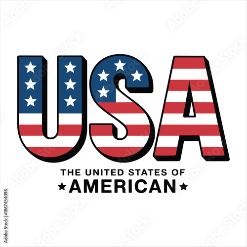 USA Typography with American Flag Colors — United States Patriotic Text Design on White Background