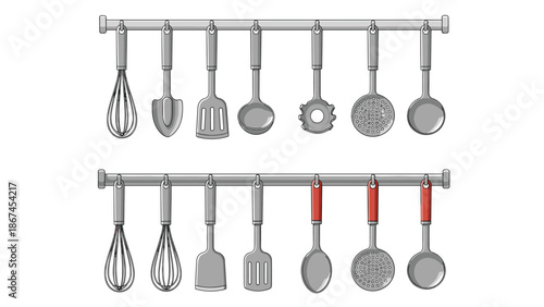 A set of various metal kitchen utensils hanging on a rack, including a whisk, spatula, ladle, and skimmer, shown in line art and colored versions.