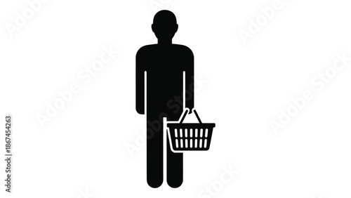 Simple black silhouette of a person holding a shopping basket