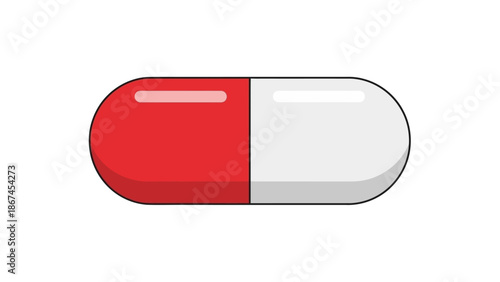 Red and white capsule pill on plain background