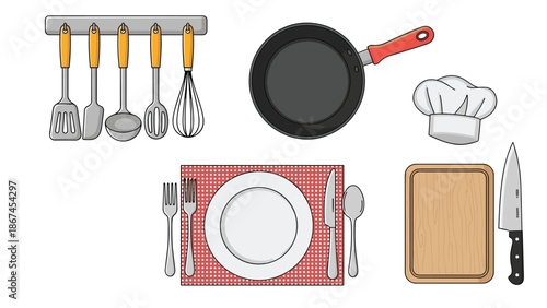 A collection of assorted cooking and kitchen items, including utensils, a frying pan, a chef's hat, a cutting board, a knife, and a full table setting.