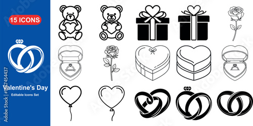 Valentine's Day Icon Set: A selection of valentine's icons including teddy bears, gift boxes, and rings, perfect for design needs. 