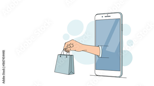 A hand emerges from a smartphone screen holding a shopping bag, representing e-commerce, online shopping, mobile purchasing, and digital retail.