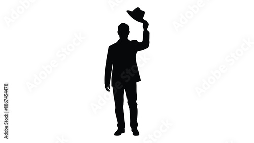 Silhouette of a man in a suit tipping his hat in a gesture