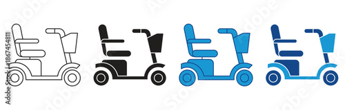  Mobility scooter icon set.  Fast shipping delivery truck , electric wheelchair scooter icon isolated on white background. Vector illustration.