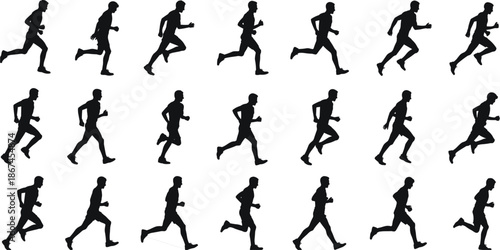 Silhouettes of Male Runners in Motion on White Background running jogging