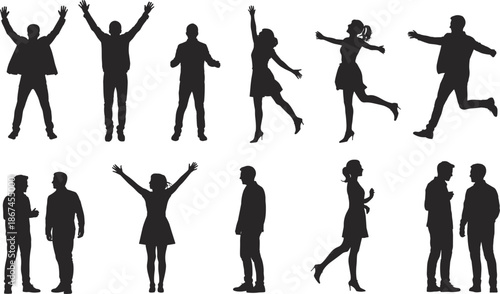 Silhouettes of men and women in celebratory and active poses on a white background Keywords: people, silhouette, man, woman