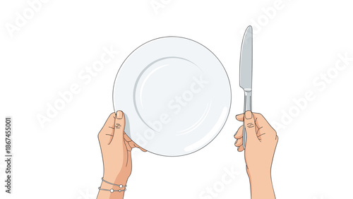 A top-down illustration of a person's hands holding an empty white plate and a table knife, representing hunger, waiting for a meal, or dieting.