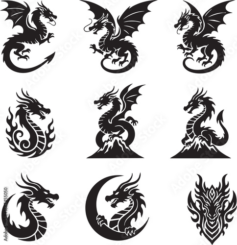 Dragon silhouette vector set. Collection of tribal tattoo designs and mascot logos