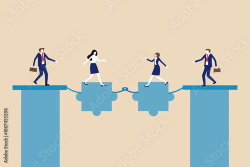 Business people carefully navigating a fragile connection over a deep gap