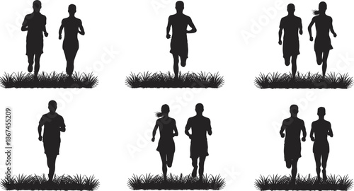 Silhouettes of men and women running through grass in six different poses runners jogging