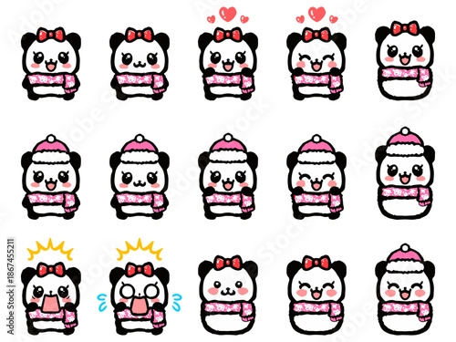 マフラーと帽子姿の冬のパンダの落書きイラスト素材セット4