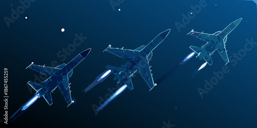 Three fighter jets in flight with visible contrails against a dark space background