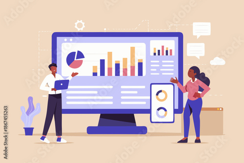 Team analyzing data and presenting insights on a large computer screen