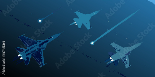 Aerial combat scene featuring multiple fighter jets in a dark blue atmosphere