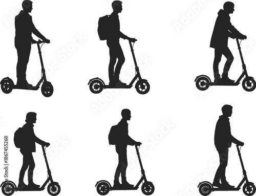 Silhouettes of men riding electric scooters with backpacks on a white background male