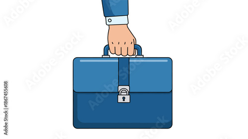 A close-up illustration of a businessman's hand in a suit sleeve holding the handle of a locked blue briefcase, isolated on a white background.