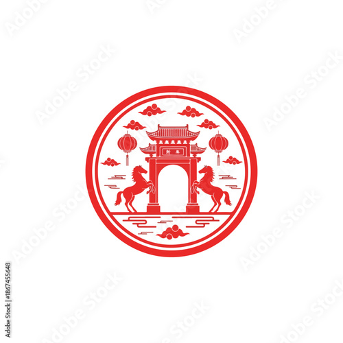 Chinese Gate Emblem with Horses and Lanterns.