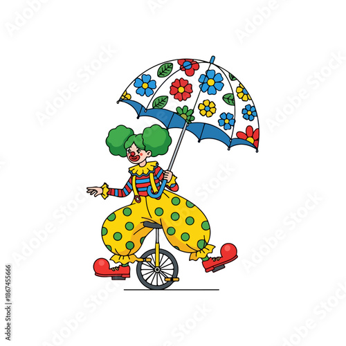 Clown Riding Unicycle with Umbrella.