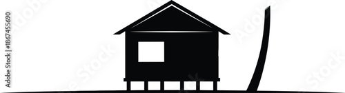 House, stilt, silhouette, architecture, minimal, black, tropical, flood, elevated, structure, tree, pole, window, roof, design, vector, graphic, nature, rural, building, illustration, landscape
