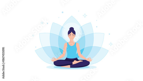 A serene woman with her hair in a bun sits in the lotus yoga pose with a translucent blue lotus flower behind her, representing meditation and mindfulness.