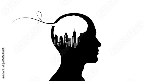 Black silhouette of a human head with a city skyline inside the brain