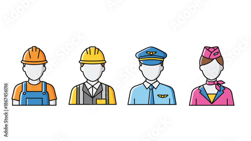 A set of four faceless avatar icons representing different professions, including a construction worker, engineer, airline pilot, and a flight attendant.
