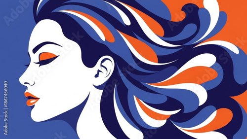 Vibrant illustration of a woman with flowing hair in blue, orange, and white hues on colored background