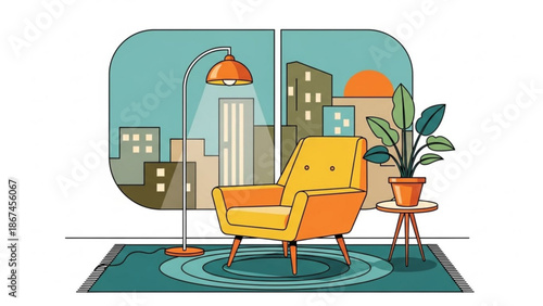 A colorful illustration of a cozy living room with a city view featuring a yellow armchair and a potted plant on a side table