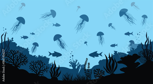 Jellyfish, coral, fish, seaweed, ocean, underwater, marine, nature, , silhouette, vector, graphic, design, illustration, swimming, aquatic, creature, bubbles, reef, ecosystem, depth, environment