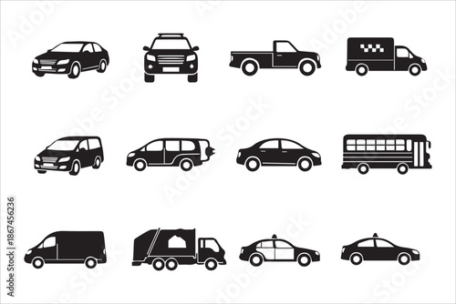 car icons set on white background, car ,bus , ambulance , zip , bus , micro bus ,mini van,taxi in flat style