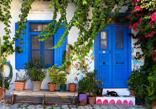 Tradycyjny grecki dom z niebieskimi drzwiami i oknami ozdobiony roślinnością i kwiatami bugenwilli