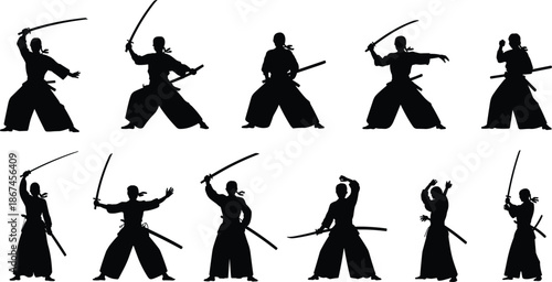 Silhouettes of samurai warriors in fighting stances with swords on a white background fighter male