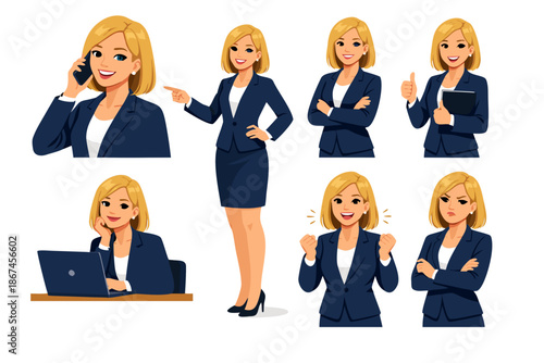  business woman in suit. Half turn view different gestures set isolated vector illustration