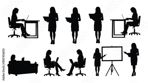 Silhouettes of people in various office postures and presentation scenes