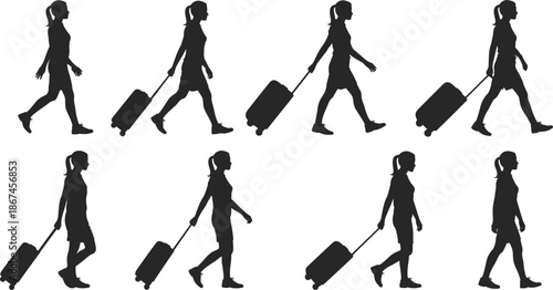Silhouettes of women walking with rolling suitcases on a white background woman female