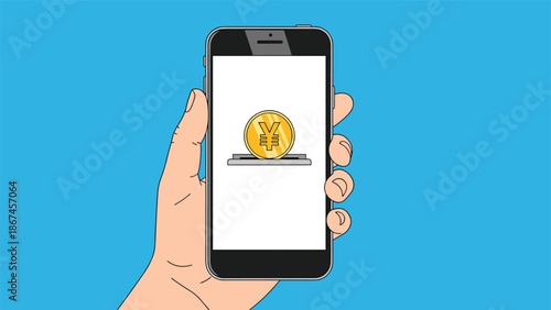 A hand holds a smartphone with a gold Yen or Yuan coin being inserted into a slot on the screen, symbolizing mobile banking or digital payments in Asia.