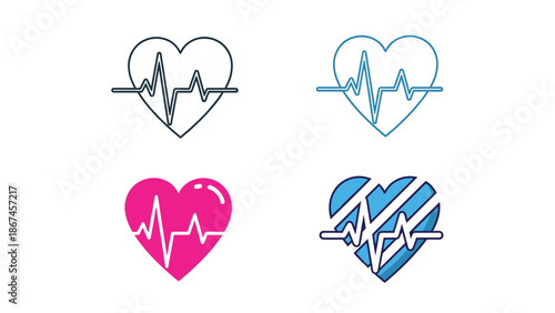 A set of four heart and heartbeat EKG line icons in various styles, including outline and colorful filled designs, for medical and health concepts.