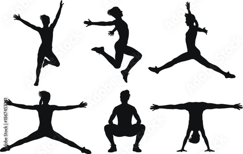 Six Silhouettes of People in Dynamic Athletic Poses on White Background person jumping