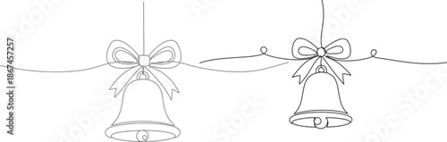 Elegant line art illustration of festive holiday bells adorned with bows, gracefully suspended on a delicate string, perfect for seasonal designs and greeting cards
