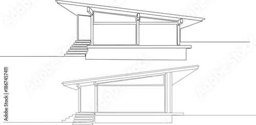 Architectural line drawing of a contemporary minimalist open-plan shelter, showcasing a sleek angled roof design and clean structural lines suitable for modern outdoor spaces