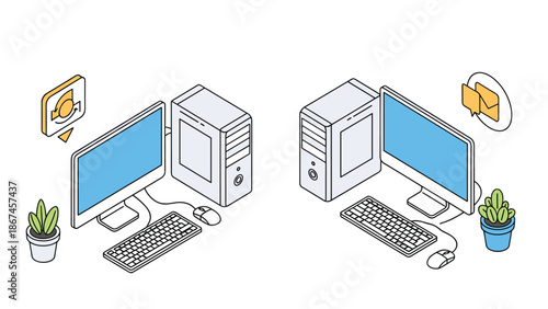A set of two isometric illustrations of a complete desktop computer setup with a monitor, tower, keyboard, and mouse, with sync and email icons.